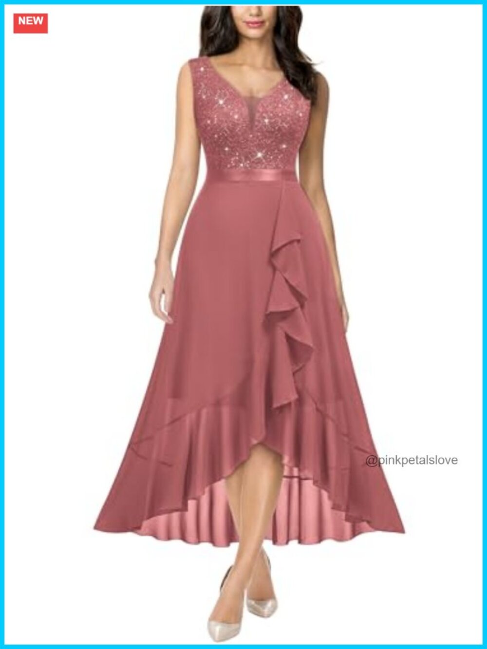 Sequin Lace V-Neck Sleeveless Formal Evening Party A-Line Midi Dress